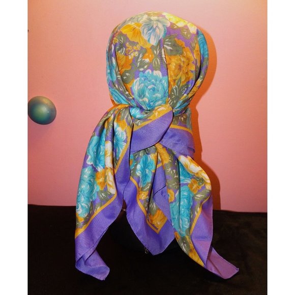 Vintage Blue & Purple Extra Large Floral Scarf square shaped flowers leaves 70s - Picture 9 of 16